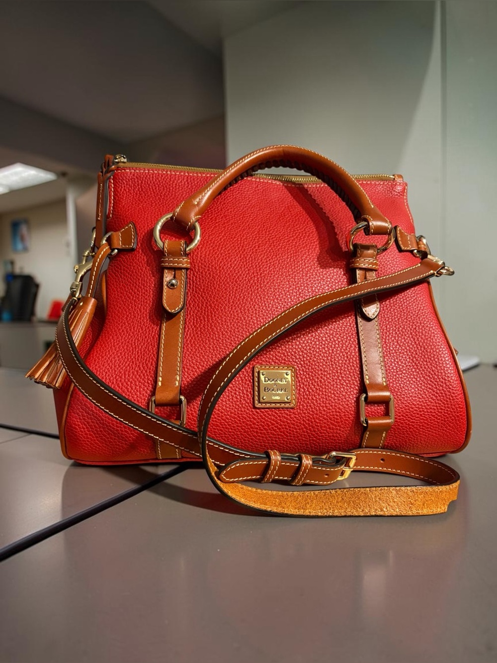 Dooney & Bourke Large Red Pebbled Leather Satchel Brown Trim Tassels